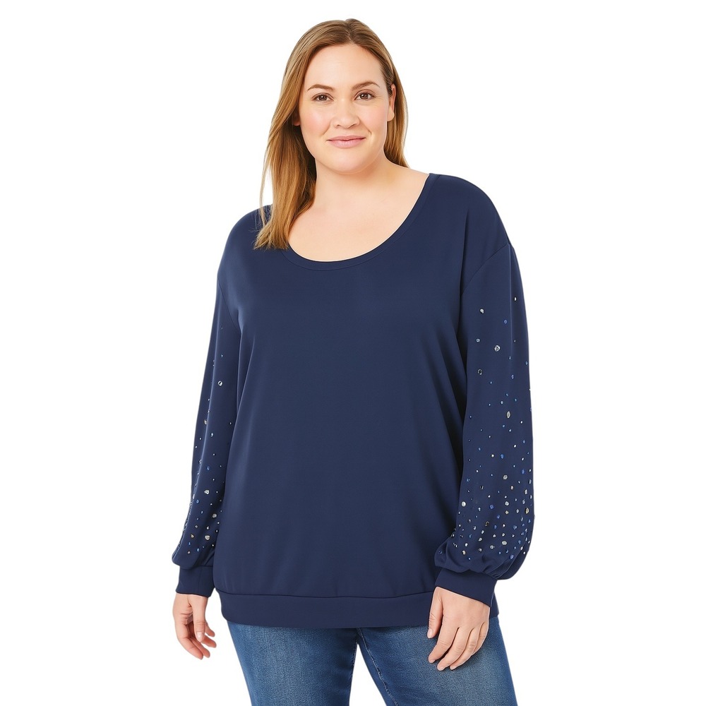 Roamans Plus Size 18W 20W Sweatshirt Top Rhinestone Sleeve Studded‎ Blue 1070
